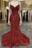 Mermaid Red Spaghetti Straps Velvet Sequin Formal Prom Dresses