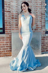 Mermaid Spaghetti Straps Light Blue Long Prom Dress with Open Back