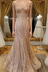 Mermaid V Neck Rose Gold Formal Prom Dress Stunning Evening Dress