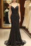 Mermaid V Neck Sequined Black Formal Prom Dresses Spaghetti Straps