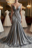 Mermaid V Neck Silver Spaghetti Straps Satin Long Formal Prom Dresses Sexy Evening Dresses