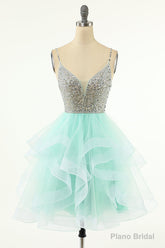 Mint Green Homecoming Dresses Straps V-Neck Multi-Layer Beaded Prom Dresses