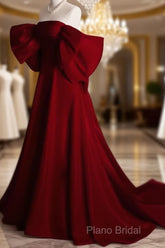 Modest A Line Strapless Long Short Sleeves Satin Red Formal Prom Dresses