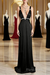 Modest A Line Straps Black Satin Long Formal Prom Dresses Party Dresses