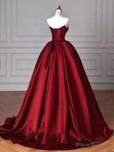 Modest Ball Gown Strapless Burgundy Satin Floor Length Evening Dress Prom Dresses