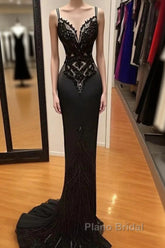 Modest Black Spaghetti Strap Mermaid Satin Formal Prom Dresses Long Formal Prom Dresses