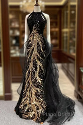 Modest Mermaid Halter Long Black Formal Prom Dresses