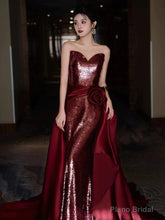 Modest Mermaid Sweetheart Burgundy Floor Length Evening Dress Sequin Prom Dresses