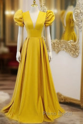 Mustard Yellow Satin Backless Dresses With Sleeves