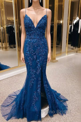 Navy Appliques Lace-Up Back Mermaid Long Formal Prom Dresses With Slit