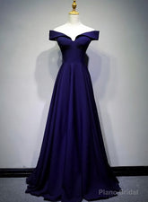 Navy Blue A-line Spandex Long Prom Dress, Off Shoulder Bridesmaid Dress