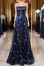 Navy Blue A-Line Tulle Long Evening Dresses, Navy Blue Formal Prom Dresses