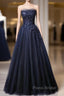 Navy Blue A-Line Tulle With Lace Scoop Long Formal Prom Dresses, Navy Blue Evening Dresses
