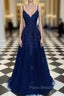 Navy Blue A-Line V-neck Floor-Length Chiffon Formal Prom Dresses With Lace Sequins