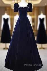 Navy Blue A-Line Velvet Long Evening Dresses, Short Sleeves Beaded Formal Prom Dresses
