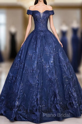 Navy Blue Ball Gown Long Formal Dresses, Off Shoulder Navy Blue Party Dresses
