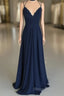 Navy Blue Chiffon Backless Bridesmaid Long Dresses Lace Appliques