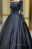 Navy Blue Long Sleeve Formal Prom Dresses Appliques Beaded Ball Gown