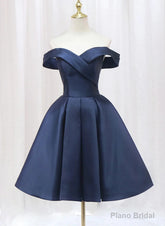 Navy Blue Satin Off Shoulder Knee Length Party Dress, Navy Blue Homecoming Dress