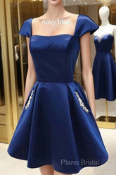 Navy Blue Satin Short A-Line Homecoming Dresses With Cap Sleeves And Beaded Pockets