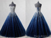 Navy Blue Strapless Floor Length Prom Ball Gown with Beading Sequins, Prom Dresses,Formal Dresses