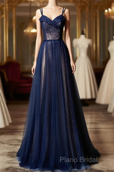 Navy Blue Tulle V Neck Long Women Formal Prom Dresses, Lace Up Formal Dresses