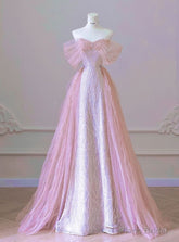 New Arrival A line Off The Shoulder Short Sleeves Pleated Sequin Pink Floor Length Prom Dresses