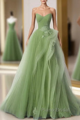 New Arrival A-Line Tulle Lace Green Long Formal Prom Dresses, Green Lace Long Formal Dresses