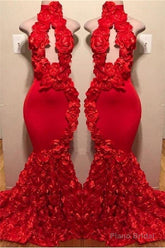 New Arrival Red Keyhole Mermaid Flowers Halter Sleeveless Long Prom Dresses