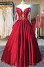 New Arrival Red Prom Dresses Off-the-Shoulder Lace Appliques Long Sleevess Puffy Evening Gowns