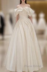 Off Shoulder A-Line Satin Beige Long Formal Prom Dresses, Beige Long Formal Dresses