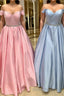 Off Shoulder Blue Long Formal Prom Dresses with Belt, Pink Formal Dresses, Blue Evening Dresses