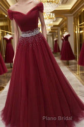 Off Shoulder Burgundy Tulle Long Formal Prom Dresses with Sequins, Burgundy Tulle Formal Evening Dresses