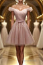 Off Shoulder Dusty Pink Tulle Short Formal Prom Homecoming Dress, Short Pink Formal Graduation Evening Dress