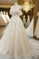 Off Shoulder Light Champagne Tulle Lace Long Formal Prom Dresses, Light Champagne Lace Formal Dresses A1583