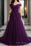 Off Shoulder Purple Tulle Long Formal Prom Dresses, Off the Shoulder Purple Formal Dresses, Purple Evening Dresses