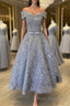 Off Shoulder Tea Length Gray Lace Formal Prom Dresses, Off the Shoulder Gray Homecoming Dresses, Gray Lace Formal Evening Dresses