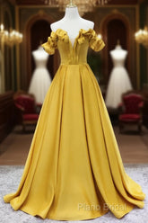 Off Shoulder V Neck Yellow Satin Long Formal Prom Dresses, Off The Shoulder Yellow Formal Dresses, Yellow Formal Dresses