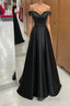 Off the Shoulder Black Satin Long Formal Prom Dresses, Black Off Shoulder Formal Evening Dresses