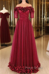 Off The Shoulder Flowers Burgundy Tulle Long Formal Prom Dresses