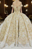 Off the shoulder Golden Lace Appliques Formal Ball Gown Wedding Dress