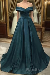 Off The Shoulder Green Long Satin Formal Prom Dresses