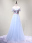 Off the Shoulder Light Blue Floral Long Prom Dresses, Off Shoulder Light Blue Formal Evening Dresses