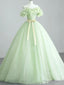 Off the Shoulder Light Green Floral Prom Dresses, Green Floral Formal Graduation Dress