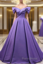 Off The Shoulder Purple Satin Ruched Formal Prom Dresses