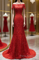 Off the Shoulder Red Mermaid Lace Formal Prom Dresses, Red Mermaid Lace Formal Bridesmaid Dresses