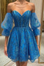 Off the Shoulder Short Blue Lace Formal Prom Dresses, Short Blue Lace Formal Homecoming Dresses