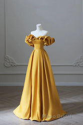 Off the Shoulder Yellow Satin Long Formal Prom Dresses, Off Shoulder Yellow Long Formal Evening Dresses