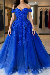 Off the Shouler Royal Blue Lace Formal Prom Dresses, Off Shoulder Blue Lace Formal Evening Dresses