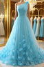One Shoulder Blue Floral Long Formal Prom Dresses, One Shoulder Blue Formal Dresses, 3D Flowers Blue Evening Dresses